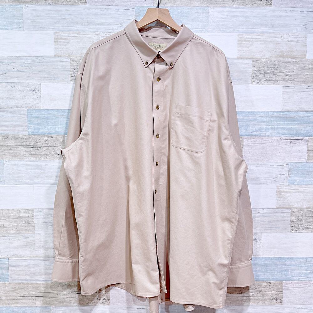 Cabelas Long Sleeve Oxford Work Shirt Khaki Beige Cotton Mens 3XL Tall 3XLT